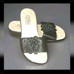 Malu Sandals Slip On Super Comfort Black Leather Flower Small Wedge (SB2#2)